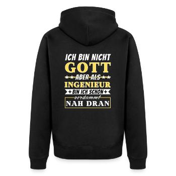 Ich bin nicht Gott aber als Ingenieur nah dran - Unisex Premium Bio Zip Hoodie - Schwarz - Hinten - Nico (187cm)