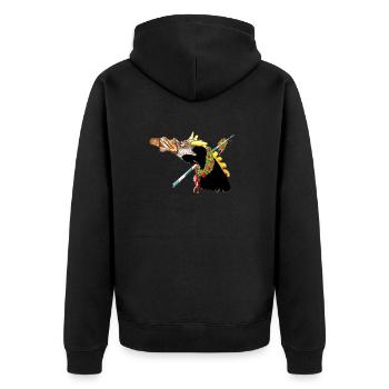 SAUFENDEr Gaul SCHWARZ GELB - Unisex Premium Bio Zip Hoodie - Schwarz - Hinten - Nico (187cm)