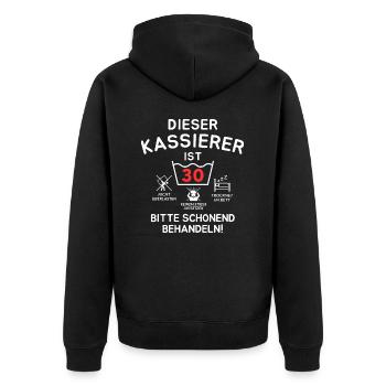 Dieser Kassierer ist 30. Schonend behandeln - Unisex Premium Bio Zip Hoodie - Schwarz - Hinten - Nico (187cm)
