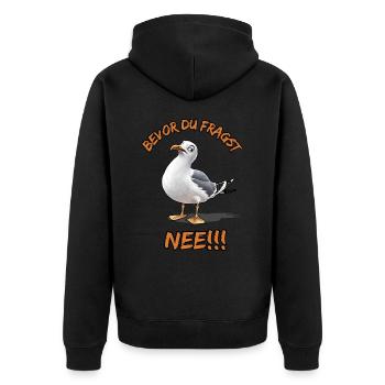 Lustiger Spruch mit Möwe Bevor du fragst Nee !!! - Unisex Premium Bio Zip Hoodie - Schwarz - Hinten - Nico (187cm)