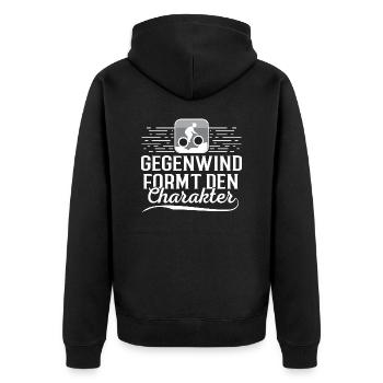 Gegenwind = Charakter - Mountainbiker Mountainbike - Unisex Premium Bio Zip Hoodie - Schwarz - Hinten - Nico (187cm)