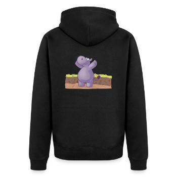 Maskotti Inge Nilpferd Yoga1 - Unisex Premium Bio Zip Hoodie - Schwarz - Hinten - Nico (187cm)