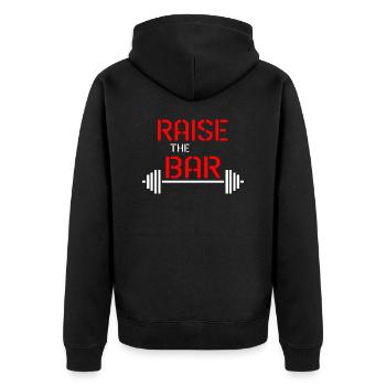 Raise the bar weight quote - Unisex Premium Organic Zip Hoodie - black - Back - Nico (187cm)