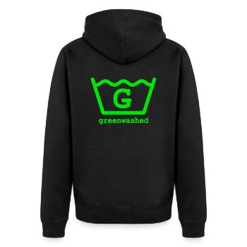 greenwashed symbol and text - Unisex Premium Bio Zip Hoodie - Schwarz - Hinten - Nico (187cm)