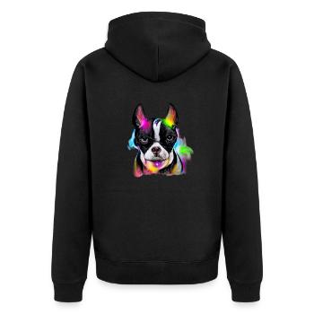 Boston Terrier Design in Farbe - Unisex Premium Bio Zip Hoodie - Schwarz - Hinten - Nico (187cm)