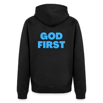 Gott zuerst - Christliche Zitate - Unisex Premium Bio Zip Hoodie - Schwarz - Hinten - Nico (187cm)