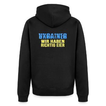 UKRAINE "Oster spezial" Helden Ukrainischen Front - Unisex Premium Bio Zip Hoodie - Schwarz - Hinten - Nico (187cm)