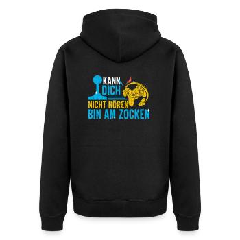 KANN DICH NICHT HÖREN, BIN AM ZOCKEN - Unisex Premium Bio Zip Hoodie - Schwarz - Hinten - Nico (187cm)