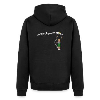 Frau geht wandern Auf die Berge bei Sonnenschein - Unisex Premium Bio Zip Hoodie - Schwarz - Hinten - Nico (187cm)