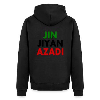 jin jiyan azadi - Unisex Premium Bio Zip Hoodie - Schwarz - Hinten - Nico (187cm)