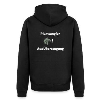 Plumsangler aus Überzeugung - Unisex Premium Bio Zip Hoodie - Schwarz - Hinten - Nico (187cm)