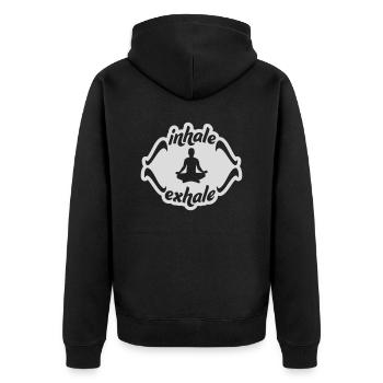 inhale exhale yoga Zitat - Unisex Premium Bio Zip Hoodie - Schwarz - Hinten - Nico (187cm)