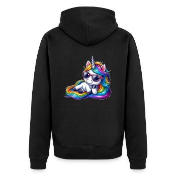 Cooles Einhorn Regenbogen Wellen reiten relaxen - Unisex Premium Bio Zip Hoodie - Schwarz - Hinten - Nico (187cm)