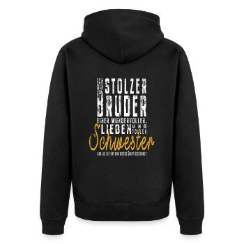 Ich bin stolzer Bruder einer tollen Schwester - Unisex Premium Bio Zip Hoodie - Schwarz - Hinten - Nico (187cm)