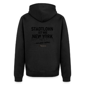 Stadtlohn ist wie New York - Unisex Premium Bio Zip Hoodie - Schwarz - Hinten - Nico (187cm)