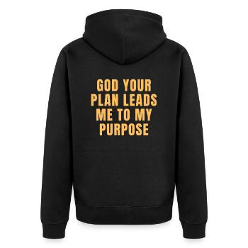 Gott, dein Plan führt mich zu meinem Zweck - Christian - Unisex Premium Bio Zip Hoodie - Schwarz - Hinten - Nico (187cm)
