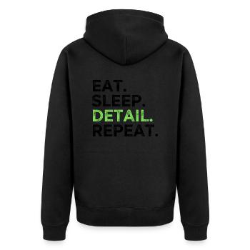 Essen Schlaf Detail Wiederholen - Unisex Premium Bio Zip Hoodie - Schwarz - Hinten - Nico (187cm)
