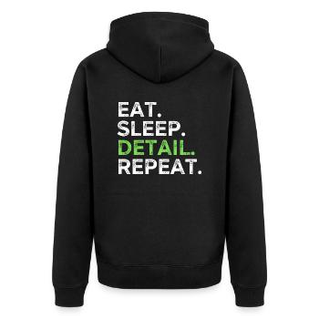 Essen Schlaf Detail Wiederholen - Unisex Premium Bio Zip Hoodie - Schwarz - Hinten - Nico (187cm)
