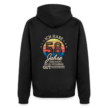 58. Geburtstag Geschenk Habe 58 Jahre Gebraucht - Unisex Premium Bio Zip Hoodie - Schwarz - Hinten - Nico (187cm)