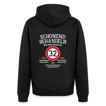 32. Geburtstag Schonend Behandeln 32 Alte Kiste 32 - Unisex Premium Bio Zip Hoodie - Schwarz - Hinten - Nico (187cm)