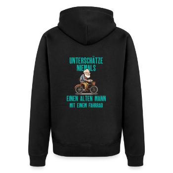 Unterschätze niemals einen Alten Mann - Unisex Premium Bio Zip Hoodie - Schwarz - Hinten - Nico (187cm)