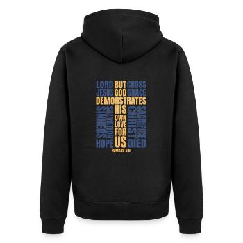 Bible Romans 5:8 - Unisex Premium Bio Zip Hoodie - Schwarz - Hinten - Nico (187cm)