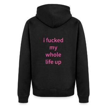 Ich hab mein ganzes Leben versaut - Unisex Premium Bio Zip Hoodie - Schwarz - Hinten - Nico (187cm)