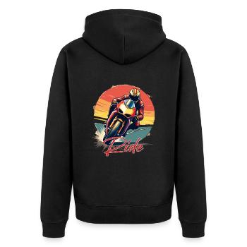 Motorrad. Biker im Retrolook. Rennen. - Unisex Premium Bio Zip Hoodie - Schwarz - Hinten - Nico (187cm)