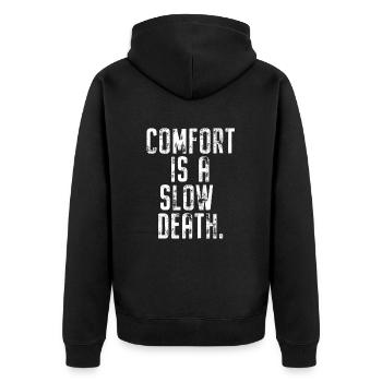 Comfort Is A Slow Death Training Laufen Fitness - Unisex Premium Bio Zip Hoodie - Schwarz - Hinten - Nico (187cm)