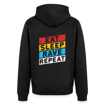 RAVE RAVER FESTIVAL PARTY | EAT SLEEP RAVE REPEAT - Unisex Premium Bio Zip Hoodie - Schwarz - Hinten - Nico (187cm)
