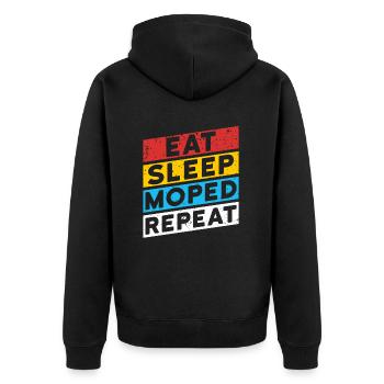 MOPED Moped GDR Motorcycle | EAT SLEEP MOPED REPEAT - Unisex Premium Organic Zip Hoodie - black - Back - Nico (187cm)
