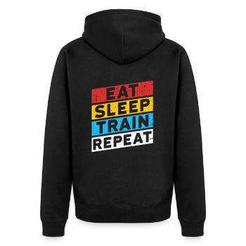 TRAINIEREN | EAT SLEEP TRAIN REPEAT - Unisex Premium Bio Zip Hoodie - Schwarz - Hinten - Nico (187cm)