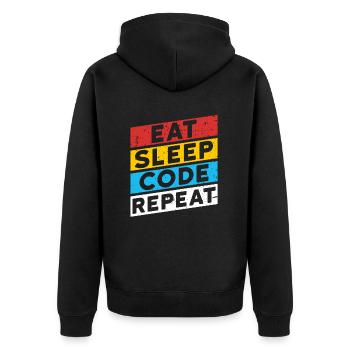 CODE CODER CODING Spruch | EAT SLEEP CODE REPEAT - Unisex Premium Bio Zip Hoodie - Schwarz - Hinten - Nico (187cm)