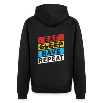 RAVE RAVER FESTIVAL PARTY | EAT SLEEP RAVE REPEAT - Unisex Premium Bio Zip Hoodie - Schwarz - Hinten - Nico (187cm)