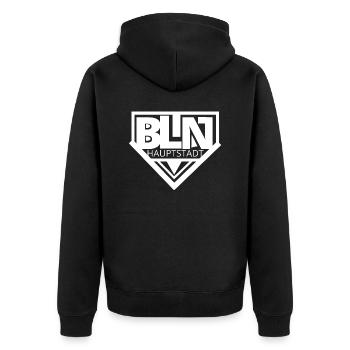 Berlin BLN Hauptstadt White - Unisex Premium Bio Zip Hoodie - Schwarz - Hinten - Nico (187cm)