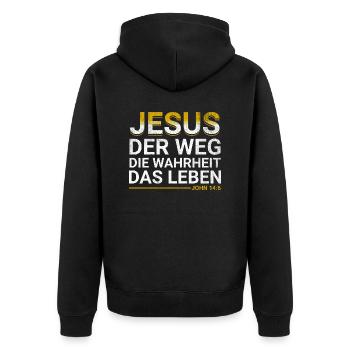 Bibel Vers Jesus der Weg die Wahrheit das Leben - Unisex Premium Bio Zip Hoodie - Schwarz - Hinten - Nico (187cm)