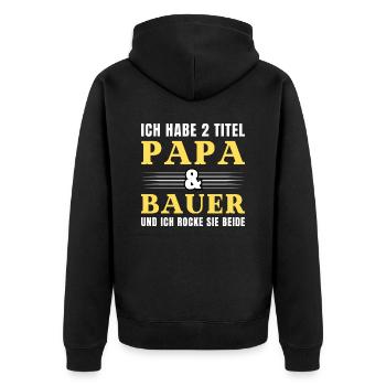 Ich habe 2 Titel Papa und Bauer - Unisex Premium Bio Zip Hoodie - Schwarz - Hinten - Nico (187cm)