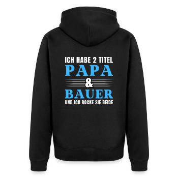 Ich habe 2 Titel Papa und Bauer - Unisex Premium Bio Zip Hoodie - Schwarz - Hinten - Nico (187cm)