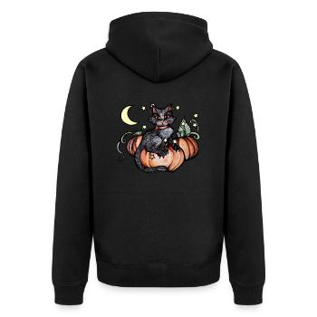 Herbstliche Schwarze Katze - Unisex Premium Bio Zip Hoodie - Schwarz - Hinten - Nico (187cm)