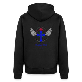Psalm 91:4, cross, religious, wings, crown, appearance - Unisex Premium Organic Zip Hoodie - black - Back - Nico (187cm)