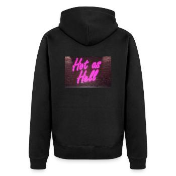 Leuchtreklame Hot as Hell an Ziegelsteinmauer - Unisex Premium Bio Zip Hoodie - Schwarz - Hinten - Nico (187cm)