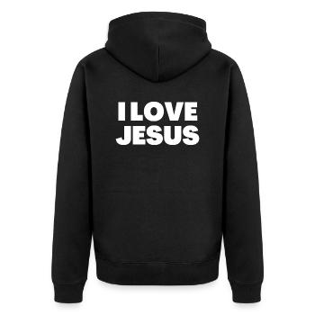 Ich liebe Jesus - Christliche Zitate - Unisex Premium Bio Zip Hoodie - Schwarz - Hinten - Nico (187cm)