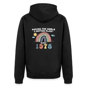 Making the a World Better Place seit 1978, 45. - Unisex Premium Bio Zip Hoodie - Schwarz - Hinten - Nico (187cm)