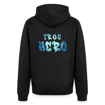 WAHRER HELD - TRUE HERO - Unisex Premium Bio Zip Hoodie - Schwarz - Hinten - Nico (187cm)