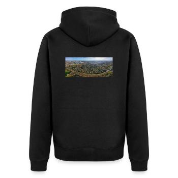 Eggarten von oben - Unisex Premium Bio Zip Hoodie - Schwarz - Hinten - Nico (187cm)