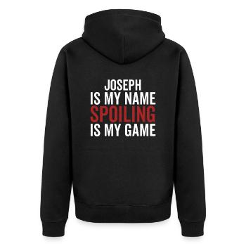 Joseph ist mein Name Verderben ist mein Spiel - Unisex Premium Bio Zip Hoodie - Schwarz - Hinten - Nico (187cm)