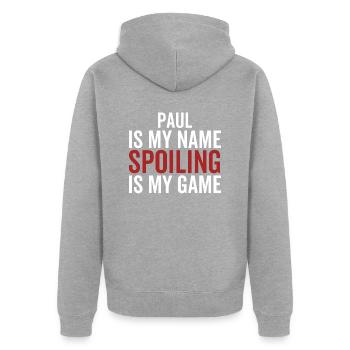 Paul est mon nom Spoiling est mon jeu - Veste à capuche bio Premium Unisexe - gris chiné - Dos - Nico (187cm)