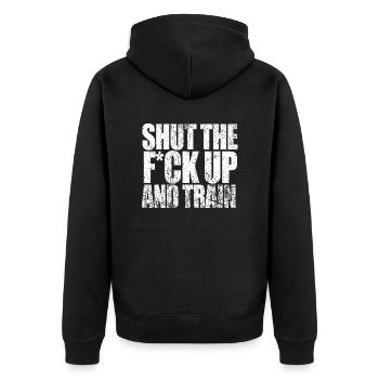 Shut The F ck Upand Zug - Unisex Premium Bio Zip Hoodie - Schwarz - Hinten - Nico (187cm)