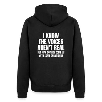 Ich weiß, dass die Stimmen nicht echt sind, aber Mann tun sie es - Unisex Premium Bio Zip Hoodie - Schwarz - Hinten - Nico (187cm)
