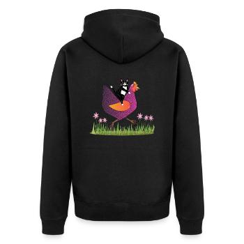 Hen Rider - Katze auf Huhn - Geschenkidee - Unisex Premium Bio Zip Hoodie - Schwarz - Hinten - Nico (187cm)
